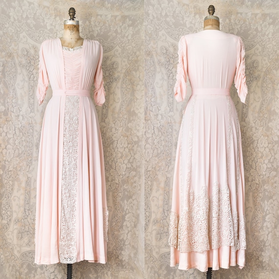1940s Rayon Crepe Dress / 1930s Pink lace Gown / 1