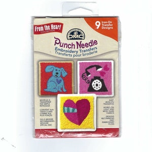 May include: A package of 9 iron-on punch needle embroidery transfers from the DMC From the Heart collection. The transfers feature a dog, a telephone, and a heart. The package includes instructions for use on light and dark fabrics.