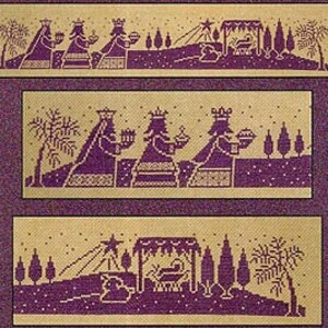 May include: Three cross-stitch panels depicting a religious scene. The panels feature purple figures and elements on a tan background. The top panel shows three figures approaching a structure. The middle panel shows the three figures up close. The bottom panel shows a structure with a star above it.
