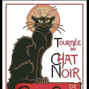 May include: A cross-stitch design featuring a black cat with a halo, perched atop a red sign. The sign reads "Tournée du Chat Noir" and "Rodolphe Salis" in a vintage style, framed in a black border.