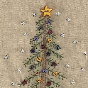 May include: A brown fabric Christmas tree with a yellow star on top. The tree is decorated with colourful buttons. The text "Oh Christmas Tree" is embroidered at the bottom of the image.