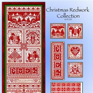May include: A red and white cross stitch pattern sampler with a Christmas theme. The sampler includes a variety of designs, including a village scene, a Christmas tree, a reindeer, a heart, and the word "NOEL". The sampler also includes the text "Christmas Redwork Collection" and "OJEL239".