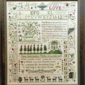 May include: A cross-stitch sampler with a white background and colorful embroidery. The sampler features a variety of motifs, including flowers, birds, a house, and a tree. The text on the sampler includes the alphabet, numbers, and a poem about love and gratitude.