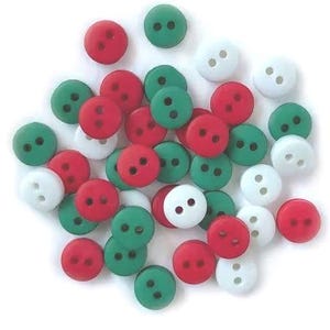 May include: A collection of small, round buttons in red, green, and white. Each button has two holes for sewing. The buttons are scattered, creating a visually appealing mix of colors and textures, suitable for crafts and sewing projects.