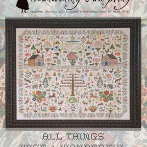 May include: Framed cross-stitch sampler with a detailed, colorful design. The artwork features houses, animals, flowers, and the text "ALL THINGS WISE + WONDERFUL". The frame is dark brown, and the background is a floral pattern.