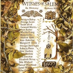 May include: A vintage-style print with the text "Witches of Salem" and a list of names. The image includes illustrations of a gallows, a building, and decorative elements. The year "1692" is also visible.