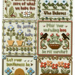 May include: A set of six cross-stitch patterns featuring inspirational quotes and floral designs. The quotes include "Faith is being sure of what we have for", "All things are possible to him who believes", "Be joyful in hope", "May your unfailing love be my comfort", "Let your gentleness be evident to all", and "Be rich in good deeds".