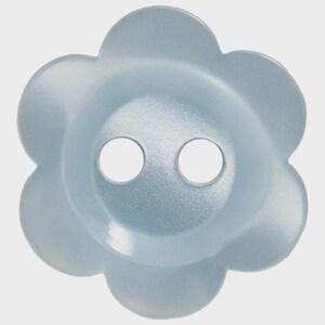 May include: A light blue flower-shaped button with two holes. The button has a matte finish and a slightly textured surface. The button is a craft supply, suitable for sewing or embellishing various projects.
