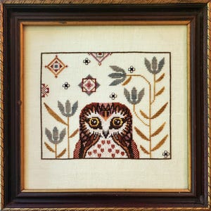 May include: Framed cross-stitch artwork featuring a detailed owl with brown and white feathers, large yellow eyes, and a red and white dotted chest. The owl is surrounded by stylized flowers and geometric patterns in a cream-colored background, framed in a dark wood frame.