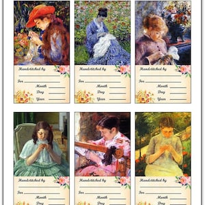 May include: Six printable gift tags featuring Impressionist paintings of women stitching. Each tag has a space to write "Handstitched by", "For", "Month", "Day", and "Year".