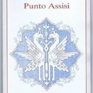 May include: A book cover with the title "Punto Assisi" in a white font on a light blue background. The cover features a blue and white stylized design of two birds with wings spread.