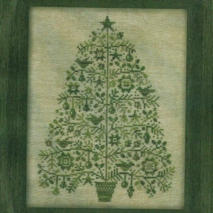 May include: A green framed cross-stitch embroidery of a Christmas tree with a star on top. The tree is decorated with birds, ornaments, and other festive details.