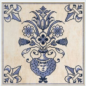 May include: A blue and white cross stitch embroidery design featuring a stylized floral arrangement in a vase. The design is framed and has a vintage aesthetic.