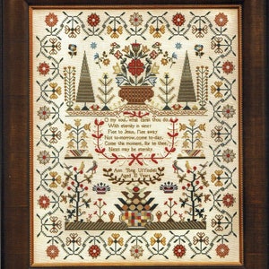 May include: Framed cross-stitch sampler with a dark wood frame. The sampler features floral and geometric patterns, trees, birds, and text that reads "O my soul, what canst thou do..." and "Ann Tong Uffindell Aged 10 Years."
