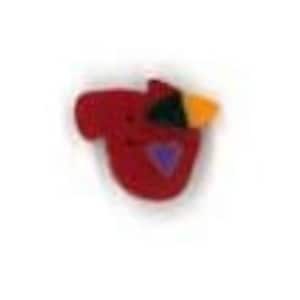 May include: Red cardinal bird button with a purple heart and orange beak.