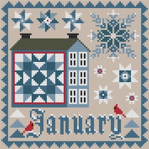 Könnte beinhalten: Ein Kreuzstichmuster mit einem blauen und weißen Quiltblock, einem blauen Haus mit rotem Dach und einem Kardinal. Der Text "January" ist in blauer Schrift geschrieben. Der Hintergrund ist hellbeige.