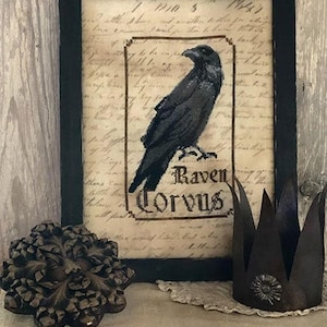 May include: A framed cross-stitch featuring a black raven with the text "Raven Corvus" on a vintage-style background. A dark decorative crown and a floral-shaped object are in the foreground, creating a gothic aesthetic.