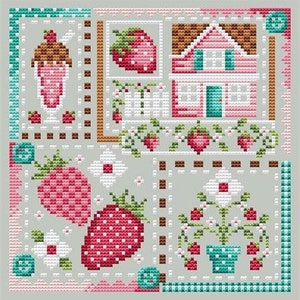 May include: A cross-stitch pattern featuring a patchwork design with a pink house, strawberries, and a strawberry ice cream cone. The pattern is on a gray background with white and brown accents.