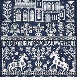 May include: A dark blue cross-stitch sampler featuring white thread embroidery. The design includes a castle, horses, deer, birds, floral motifs, and the alphabet. Text reads: IN HOPE MY HEART DOTH REST, and the year 2014.