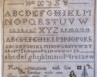 Peut inclure: Un sampler avec un alphabet noir et blanc, des chiffres et une citation qui dit "Ayez communion avec peu, Soyez familier avec un, Traitez justement avec tous, Et ne dites pas de mal de personne." Le sampler est signé "Hannah Carter 8 décembre 1838".