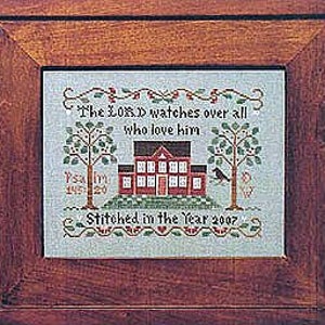 May include: Cross-stitch embroidery of a red house with white trim and a black bird on a branch. The text reads "The LORD watches over all who love him" and "Stitched in the year 2007".