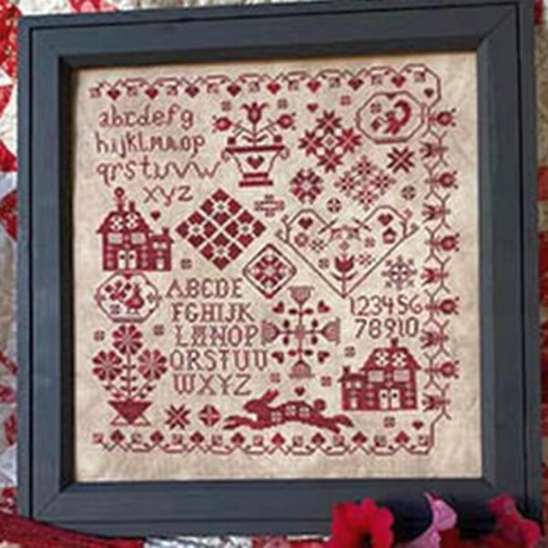 Sampler mit rotem Hasen von Pansy Patch Quilts and Stitchery. Kreuzstichmuster/Mustervorlage