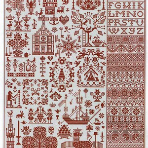 May include: A red and white cross-stitch sampler with a variety of designs, including houses, trees, animals, and flowers. The sampler also includes the alphabet and the year 2005. The text "GELOOF HOOR LIEFDE" is included in the sampler.