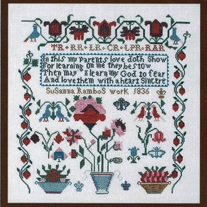 May include: A cross-stitch sampler with a floral design and the text "In this my Parents love doth Show For learning On on me they be stow Then may learn my God to fear And love them with a heart Sincere Susanna Rambos work 1836".
