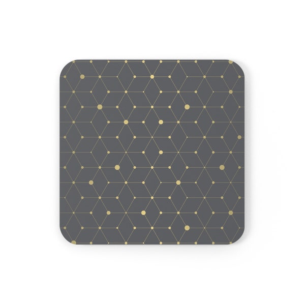 Geometric Elegance Corkwood Coaster Set | Isometric Cube Gold Line Seamless Pattern | Glossy Coasters | Coaster Design | Gift Coaster.