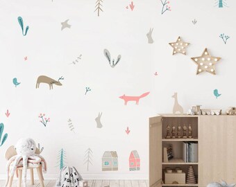 Nordic Animal Wall Stickers, Scandinavian Decor, Kids Room Decals, Woodland Nursery, Removable Vinyl Decor