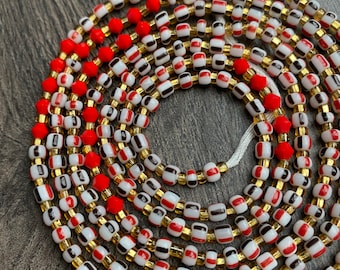 Red & White-Waist Bead, African Waist Bead,Belly Chain, Beaded Body Jewelry, Handmade Jewelry, Gift for her, African Waist Bead, Tie On