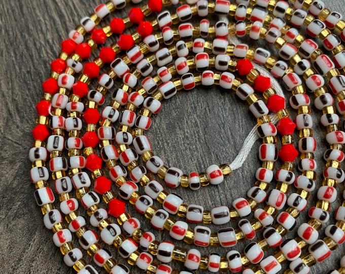 Red & White-Waist Bead, African Waist Bead,Belly Chain, Beaded Body Jewelry, Handmade Jewelry, Gift for her, African Waist Bead, Tie On