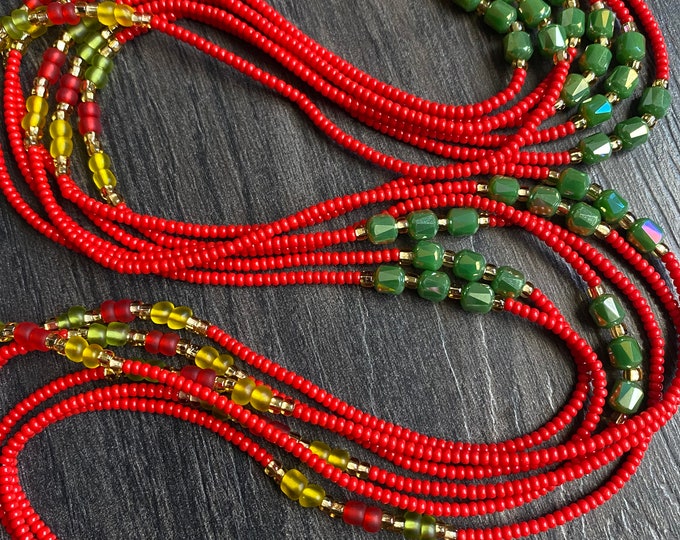 Red Waist bead- Handmade Tie-On Waist Bead, African Beaded Belly Chain, Body Jewelry for Women, Beaded Body Jewelry, African Body Jewelry