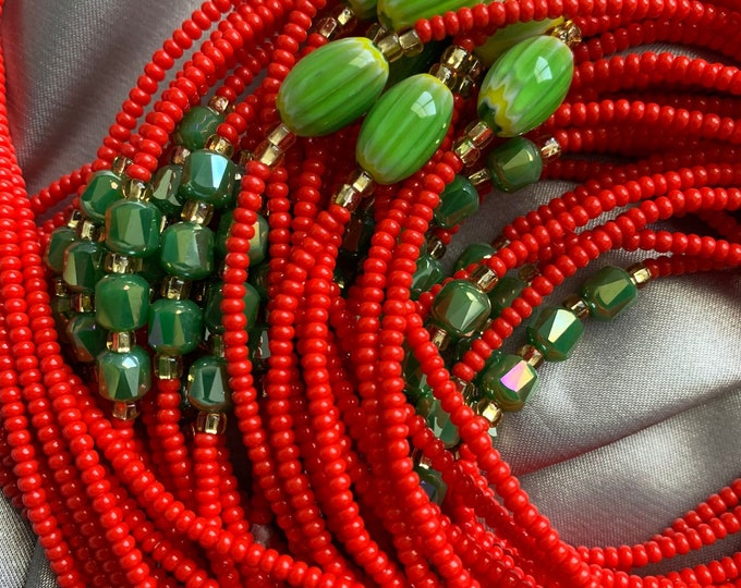 Red Waist bead-Handmade Tie-On Waist Bead, African Beaded Belly Chain, Body Jewelry for Women, Beaded Body Jewelry, African Body Jewelry