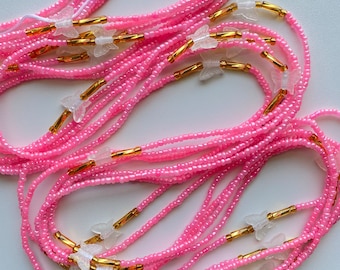 Pink Waist Bead, Waist Bead, Soft Glow in the dark butterflies , Beaded Body Jewelry, Handmade waist Accessory, Gift for her, Tie On 45"-50"