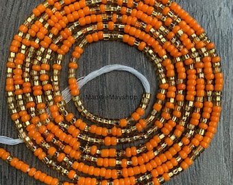 Orange & Gold Waist Bead, African Waist Bead, Beaded Body Jewelry, Handmade waist Accessory, Gift for her, African Waist Bead,  Tie On