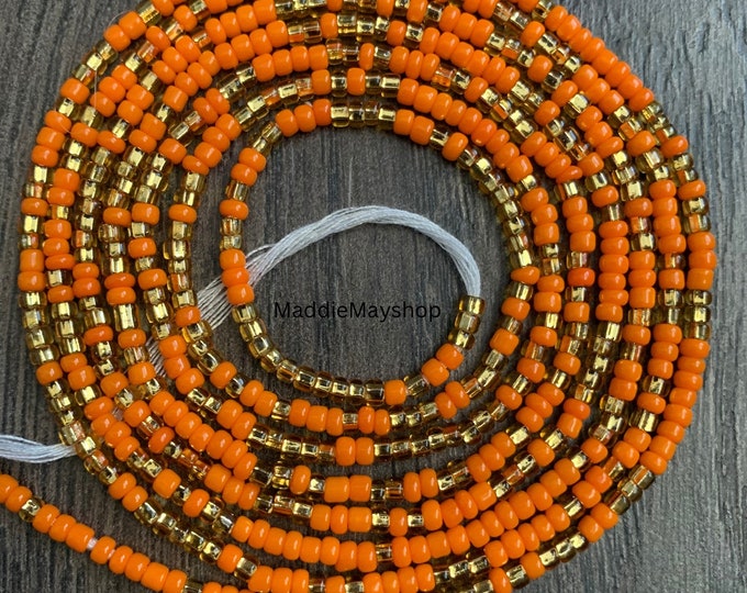 Orange & Gold Waist Bead, African Waist Bead, Beaded Body Jewelry, Handmade waist Accessory, Gift for her, African Waist Bead,  Tie On
