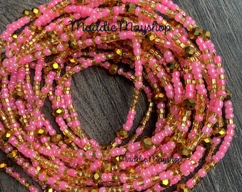 Pink Waist Bead, Waist Bead, Belly Chain, Beaded Body Jewelry, Handmade waist Accessory, Gift for her, African Waist Bead, Tie On 45"-50"
