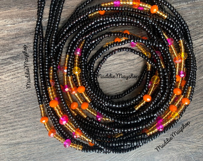 Black Tie On Waist Bead, African Waist Bead,Belly Chain, Beaded Body Jewelry, Handmade waist Jewelry, Gift for her, African Waist Bead