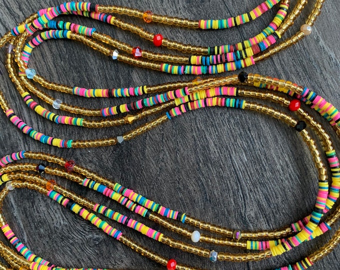 Vinyl Waist Bead, Disc waist bead, Multicolor Waistbead, Belly Beads, Seed Beads, Ghana Waist Bead, Glass Beads, Belly Chain, Tie On