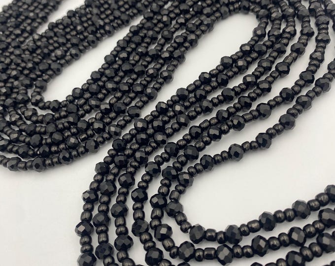 Black on Black~ Crystal Waist Beads, African WaistBead, Belly Bead, Handmade luxury waistbead, Body Jewelry, Boho, beaded Jewelry, Tie On