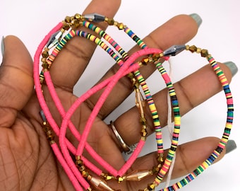 Vinyl Waist Bead, Disc waist bead, Multicolor Waistbead, Belly Beads, Seed Beads, Ghana Waist Bead, Glass Beads, Belly Chain, Tie On