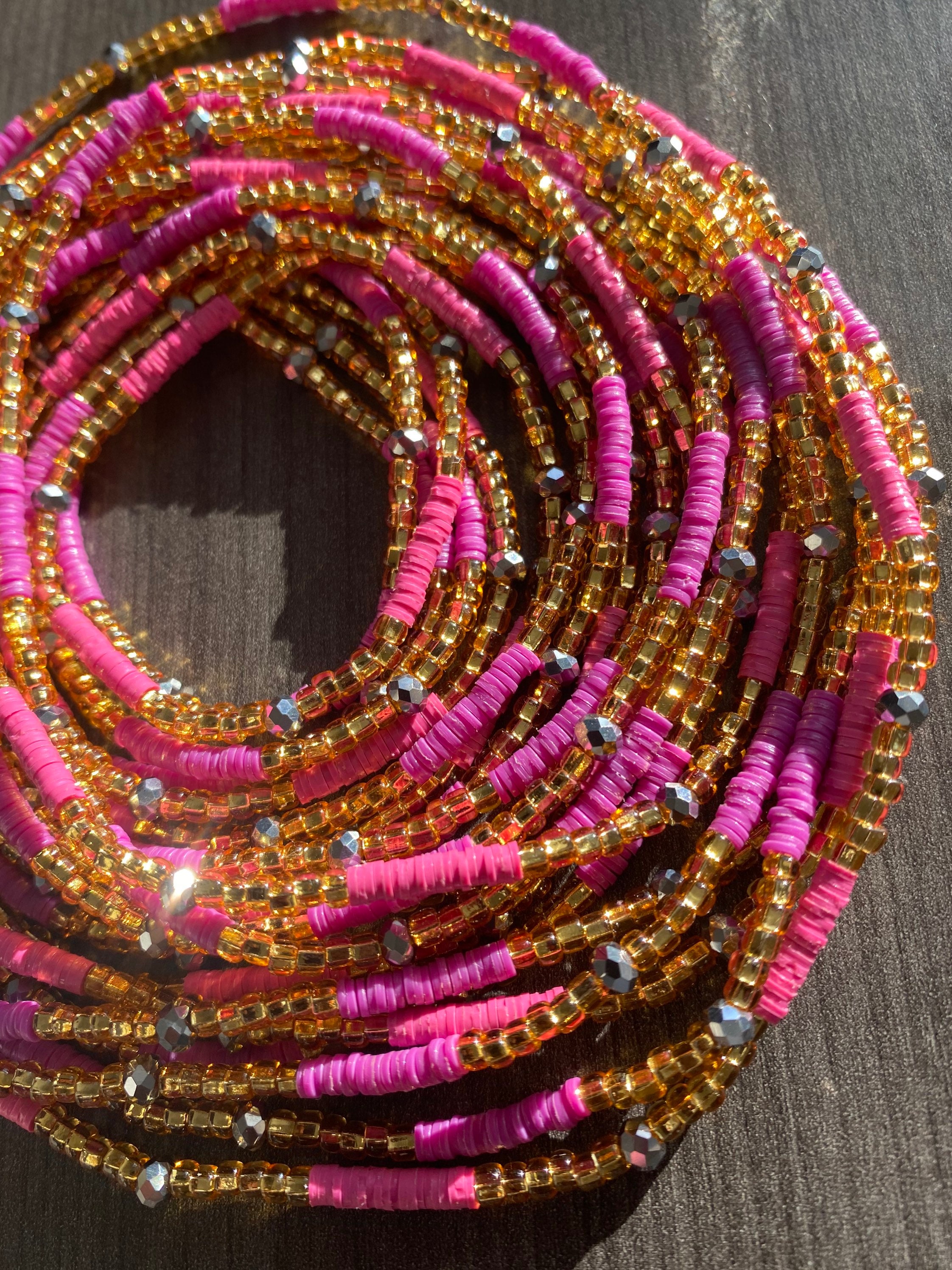 Waist Bead Gold & Pink WaistBeads vinyl mixed with glass seed beads