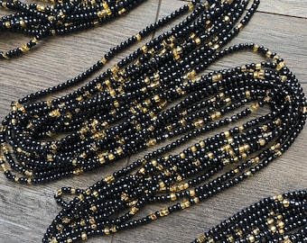 Black and Gold Waist Bead, African Waist Bead,Belly Chain, Beaded Body Jewelry, Handmade, Gift for her, African Waist Bead, Tie On