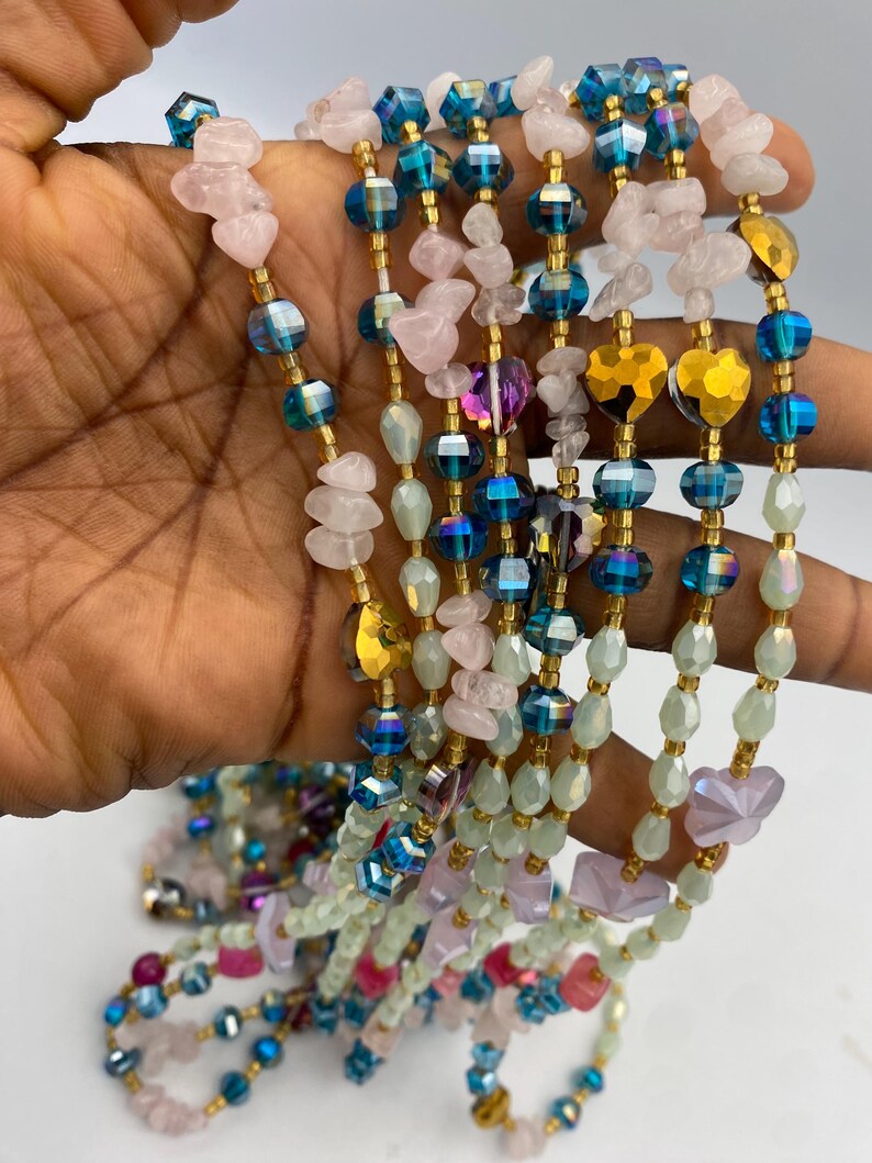 Crystal Waist Beads 45-50 Inches | Gemstone- Waist Beads Mint Green, Rose Quartz | waistBeads for weightloss | 45” image 14