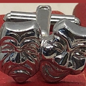 SALE LOWER PRICE Cufflinks, Comedy Tragedy, Chrome Plated, Ca. 1940-50 New Old Stock Figural Theater Masks Opera Actors Actress Drama.