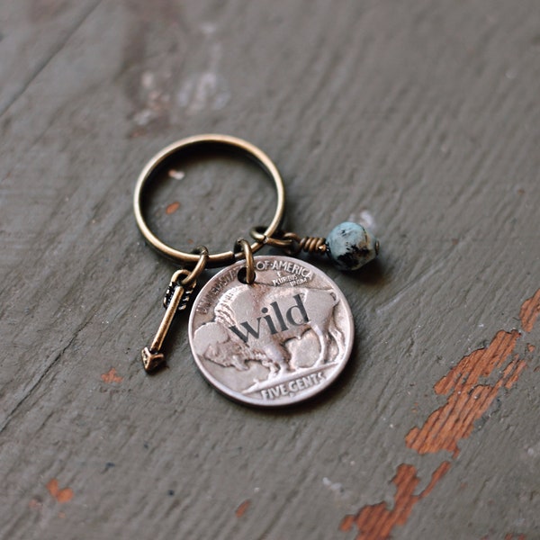 Wild Vintage Buffalo Nickel Keychain, Engraved Coin Keychain, Gift For Free Spirit, Stay Wild Keychain, Boho Western Keychain, Southwestern