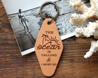 The Ocean Is Calling Leather Motel Key Fob, Ocean Keychain, Beach Lover Gift, Summer Keychain, Surfer Keychain, Surfer Gift