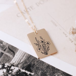 Flower Engraved Gold Charm Necklace, Floral Pendant Necklace, Wildflower Jewelry, Gift For Her, Boho Gold Necklace, Birth Flower Jewelry