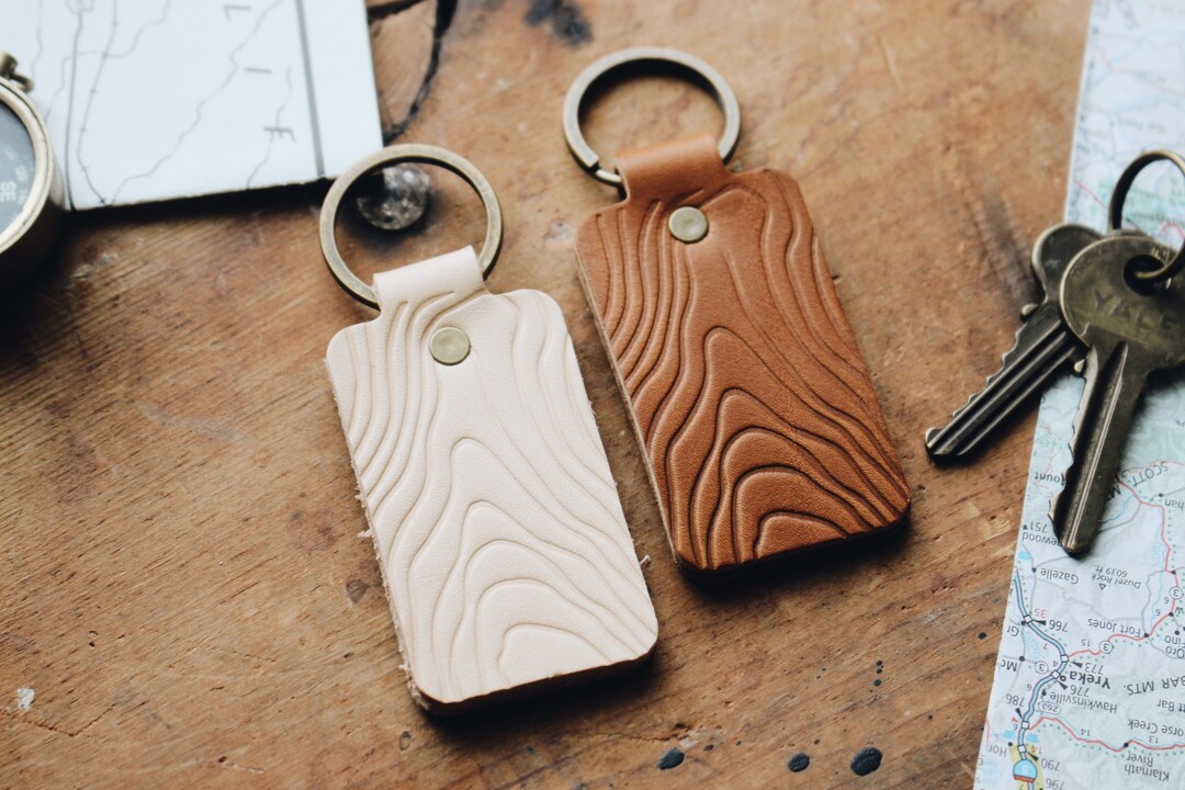 Topographic Map Leather Keychain Tag Double Sided Adventure - Etsy